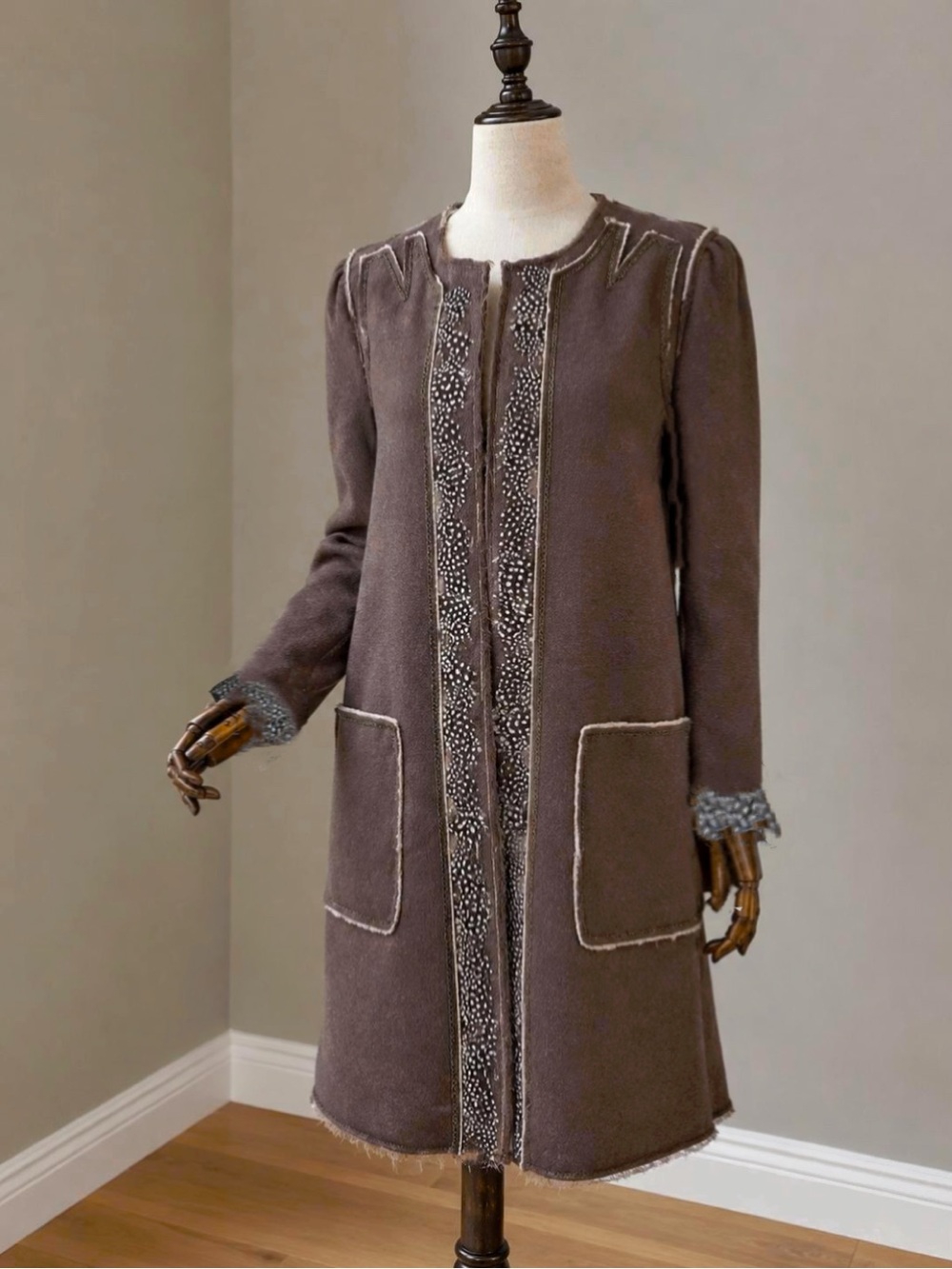 BCBGMaxAzria Runway Brown Wool Coat Feathers and Chain Accents Size Medium
